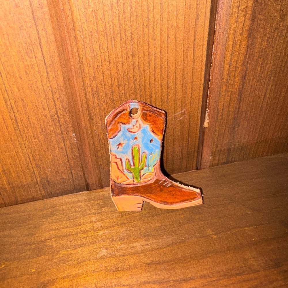 Hand tooled leather cowboy boots keychain